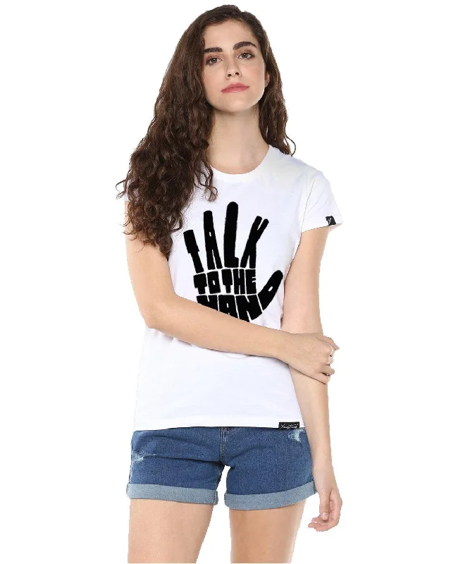 Celebrate the Weekend with Discounts Womens Half Sleeve Talk Printed White Color Tshirts
