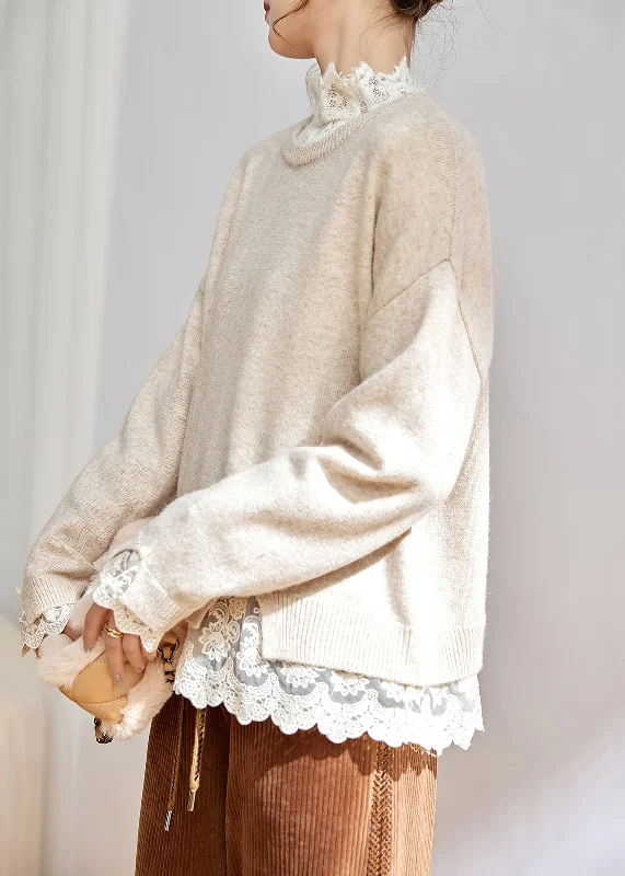Fantastic Offers Beige Cozy Patchwork Cotton Knit Tops O Neck Long Sleeve