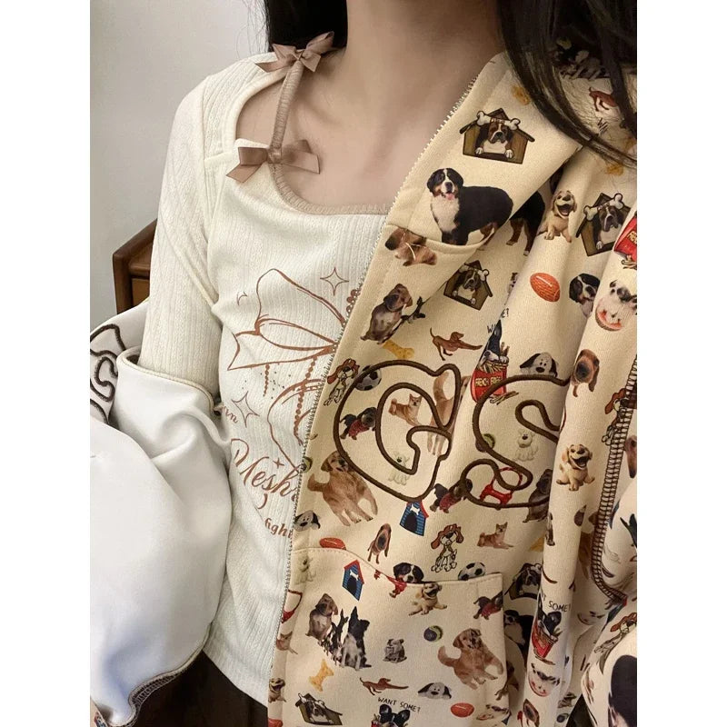Don't Miss Out Deeptown Graphic Zip Up Kawaii Cropped Cute Pattern Vintage Y2K Hoody