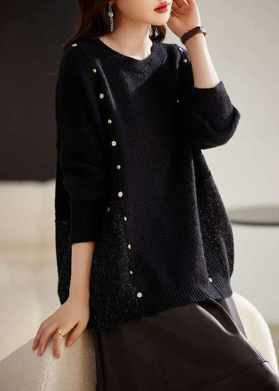 Special Discount French Black O-Neck Patchwork Cozy Cotton Knit Sweater Winter