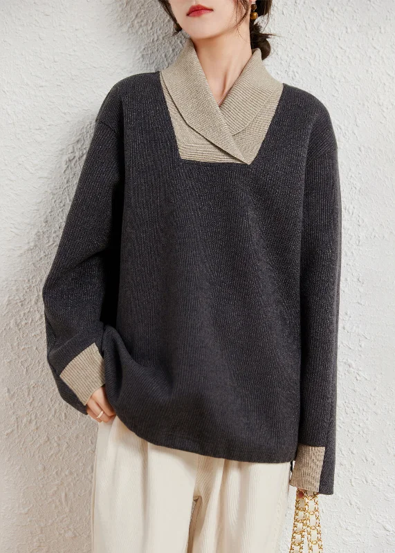 Weekend Savings Spectacular Casual Grey Peter Pan Collar Patchwork Knit Sweater Winter