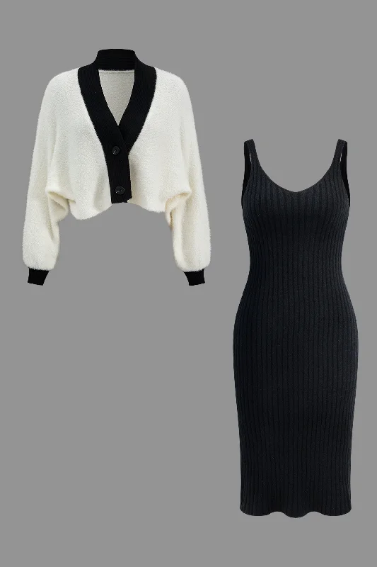 Reduced Rates Contrast Sweater Button Cropped Cardigan And Slip Dress Set