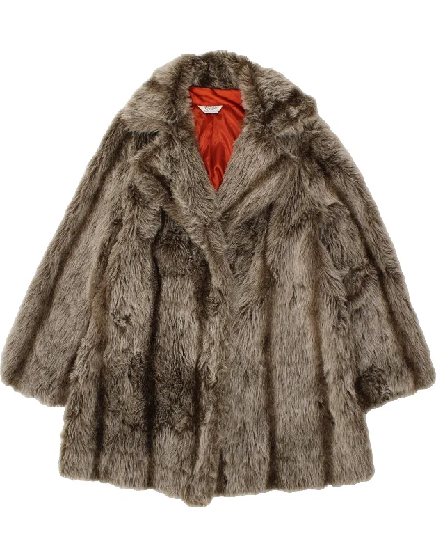 While Supplies Last VINTAGE Womens Faux Fur Overcoat UK 14 Large Grey Striped