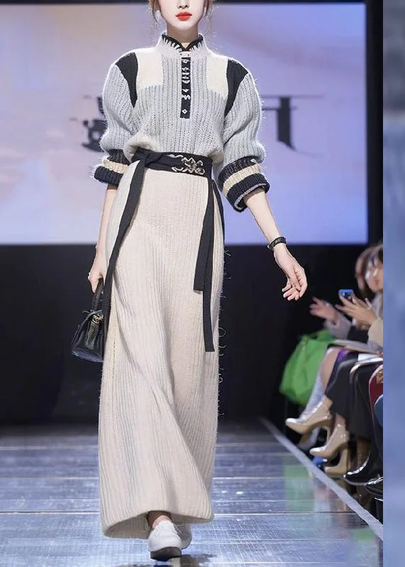 Weekend Bargains to Cherish French Grey Tie Waist Cotton Knit Sweaters And Beige A Line Skirts Two Piece Set Long Sleeve Weekend Bargains to Cherish French Grey Tie Waist Cotton Knit Sweaters And Beige A Line Skirts Two Piece Set Long Sleeve
