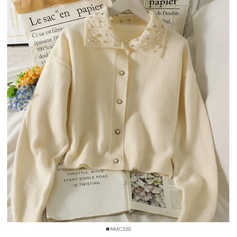 Hurry In Beaded Lapel single breasted slim cardigan sweater  2034
