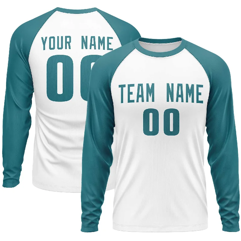 Custom White Aqua Crew Neck Raglan Long Sleeve Performance T-Shirt