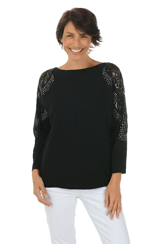 Online Only Ornate Beaded Mesh Sleeve Sweater