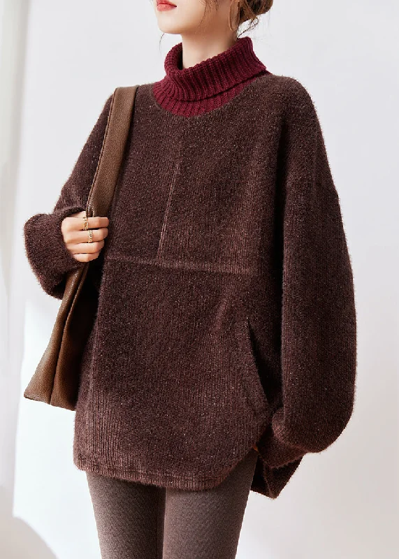 Stock Clearance Loose Coffee Turtleneck Pockets Thick Cotton Knit Sweaters Winter