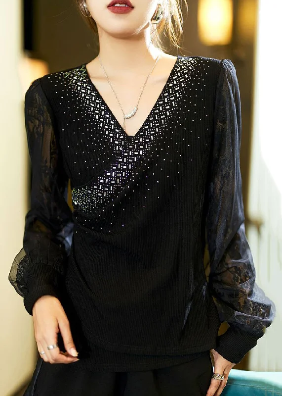 Extra Discount Plus Size Black Zircon Lace Patchwork Cotton Knit Top Long Sleeve