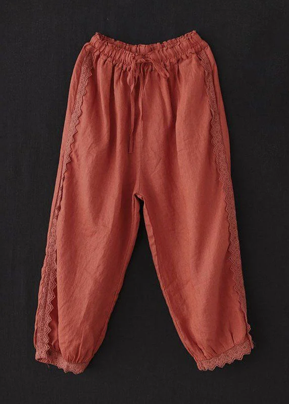 Weekend Offers That Please Unique Brick Red Lace Patchwork Linen Crop Pants Summer