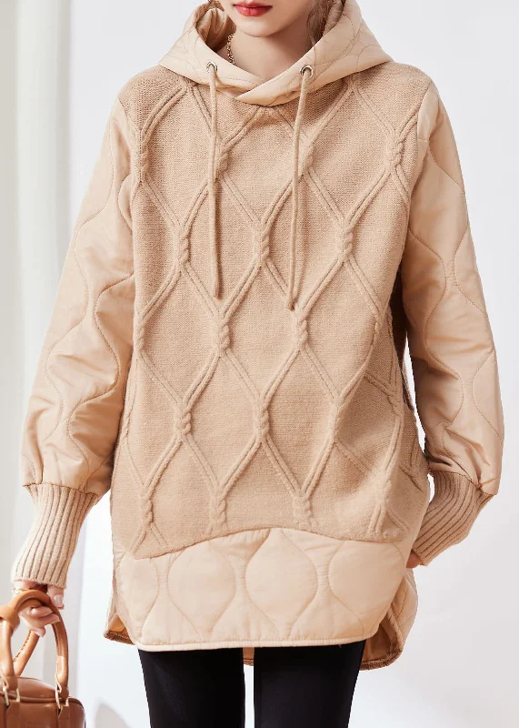 Value Deals Chic Apricot Drawstring Patchwork Low High Design Fake Two Pieces Hooded Knit Sweater Winter