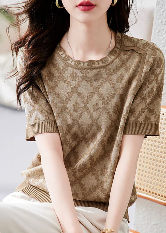 Shop Now Art Khaki O-Neck Print Knit Top Short Sleeve