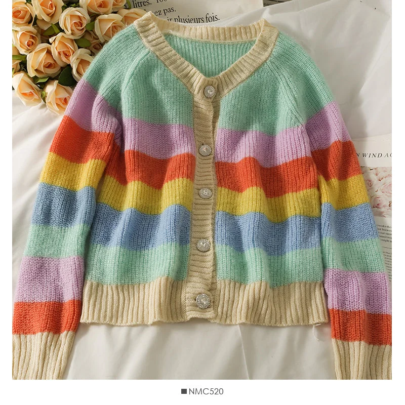 Weekend Bargains to Relish Elegant color stripe single breasted cardigan long sleeved sweater 1991 Weekend Bargains to Relish Elegant color stripe single breasted cardigan long sleeved sweater 1991