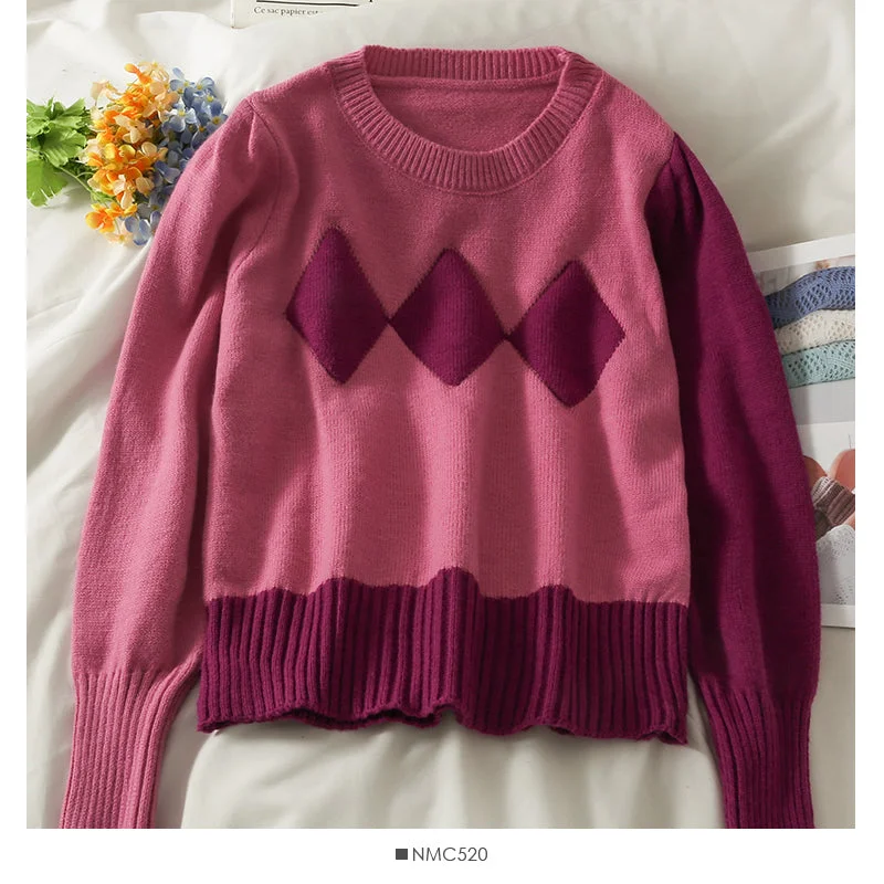Weekend Shopping Extravaganza Contrast stitching crew neck slim knit women's plaid sweater 1998 Weekend Shopping Extravaganza Contrast stitching crew neck slim knit women's plaid sweater 1998
