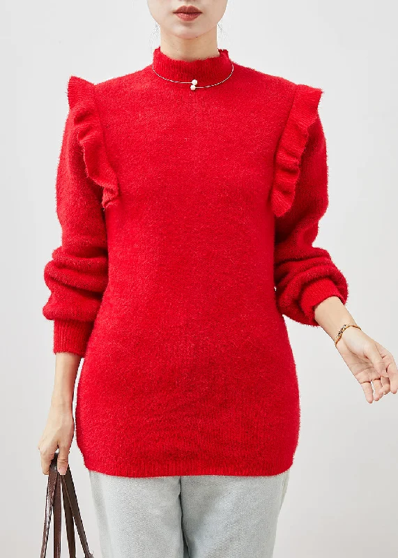 Weekend Savings Bonanza Classy Red Ruffled Patchwork Thick Knit Short Sweater Winter Weekend Savings Bonanza Classy Red Ruffled Patchwork Thick Knit Short Sweater Winter