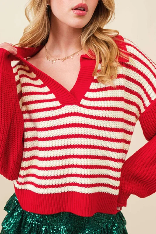Weekend Specials to Cherish Striped Johnny Collar Long Sleeve Sweater