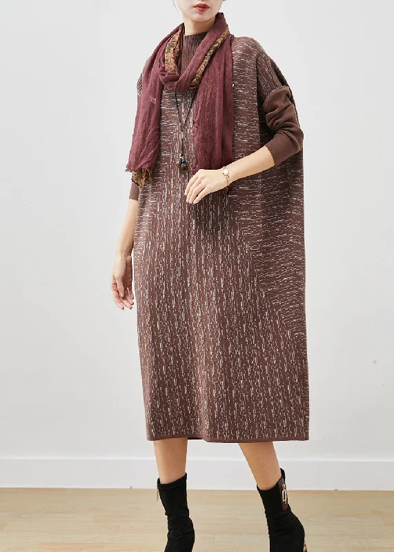 Weekend Specials Just for You Italian Coffee Stand Collar Patchwork Knit Sweater Dress Spring