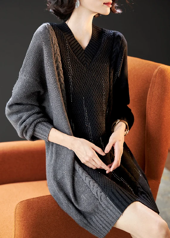 Exclusive Deal Handmade Colorblock V Neck Patchwork Knit Long Sweater Winter