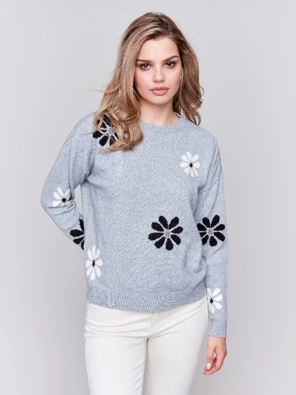 Make Your Weekend Count with Savings Crew Neck Sweater with Printed Flowers - Light Grey