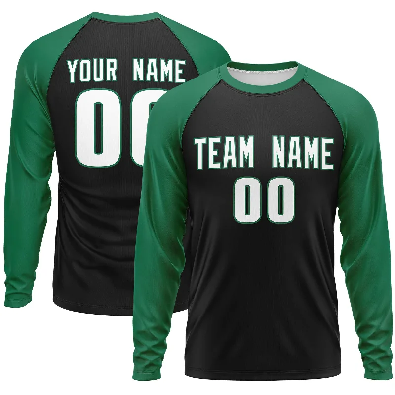 Custom Black Kelly Green Crew Neck Raglan Long Sleeve Performance T-Shirt