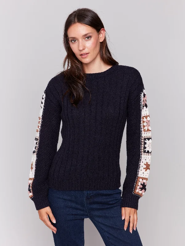 Weekend Specials to Cherish Sweater with Crochet Sleeves - Navy