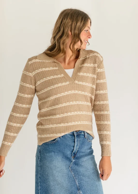 Super Sale V-neck Collared Cable Stitch Sweater - FINAL SALE