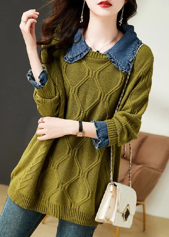 Midnight Madness Mustard Green Denim Patchwork Cotton Knit Tops Peter Pan Collar Fall