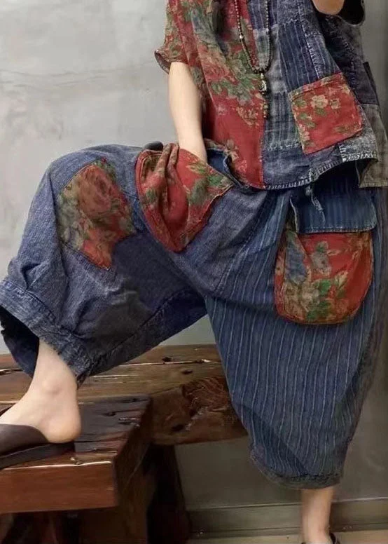 Weekend Deal Stylish Blue Pockets Print Elastic Waist Patchwork Linen Harem Pants Summer