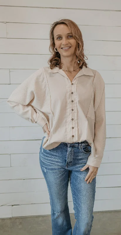 Price Buster MELINDA NATURAL WAFFLE DETAIL BUTTON FRONT TOP