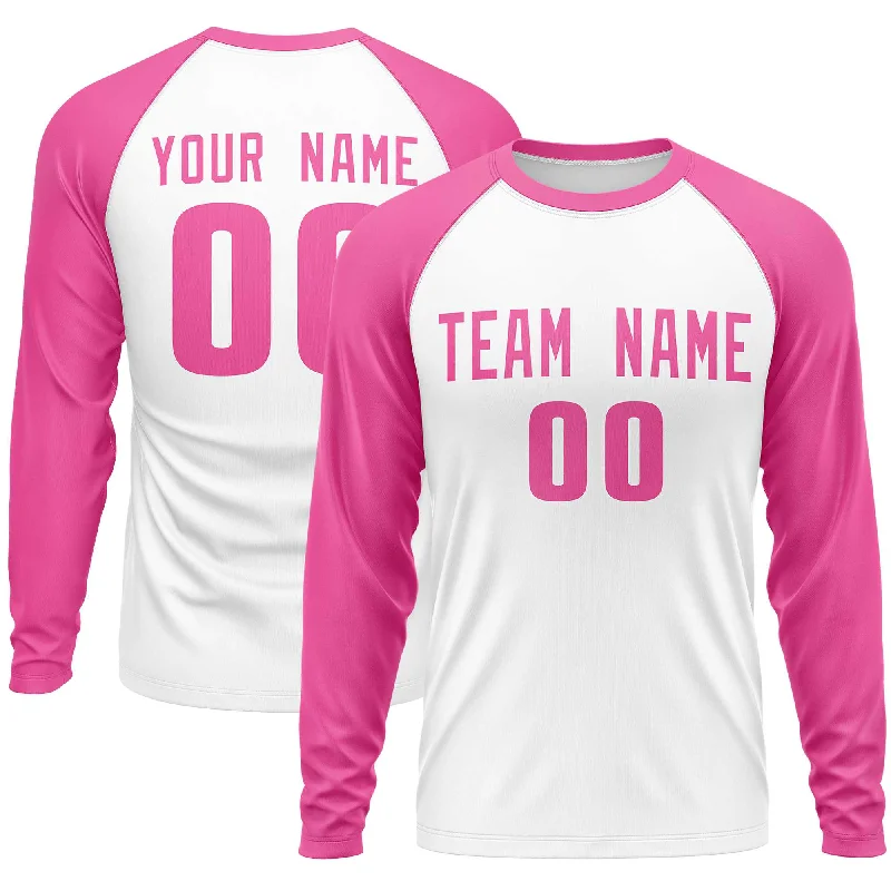 Custom White Pink Crew Neck Raglan Long Sleeve Performance T-Shirt