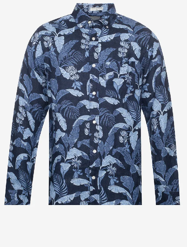 Regular Linen Print Shirt Marine