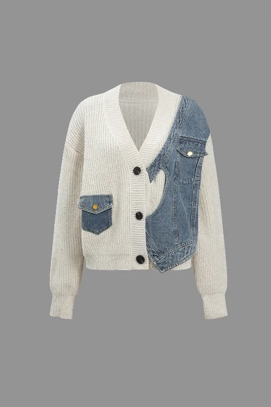 Flash Deal Patchwork Denim Knit Color Block Button Asymmetrical Pocket Cardigan