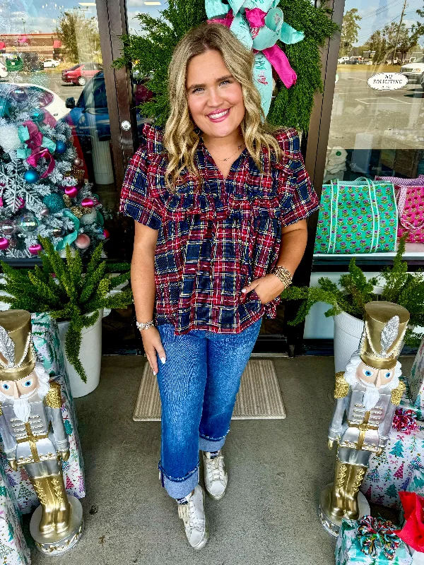 Limited Offer Xmas Plaid Peplum Top: Navy