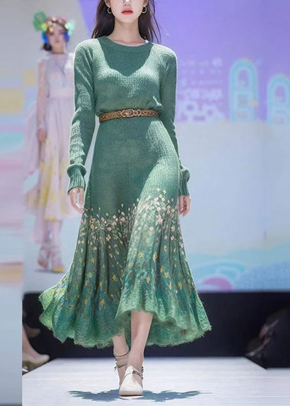 Weekend Bargains to Celebrate Vintage Green Print High Waist Cotton Knit Sweater Dress Winter Weekend Bargains to Celebrate Vintage Green Print High Waist Cotton Knit Sweater Dress Winter