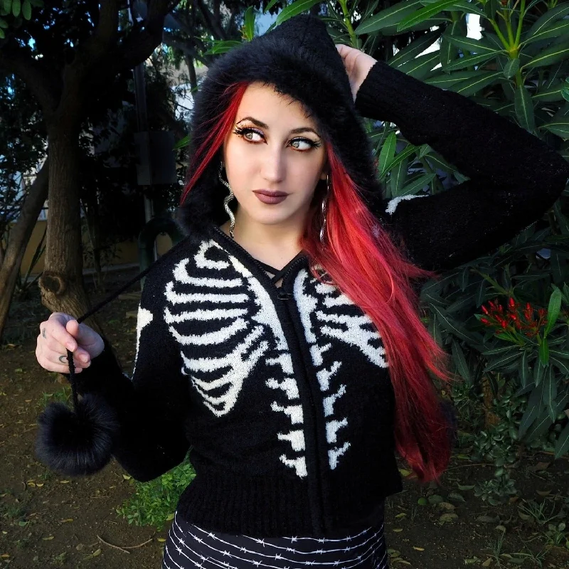 Stock Clearance Bony Rib Cage Skeleton Fur Zip Cardigan