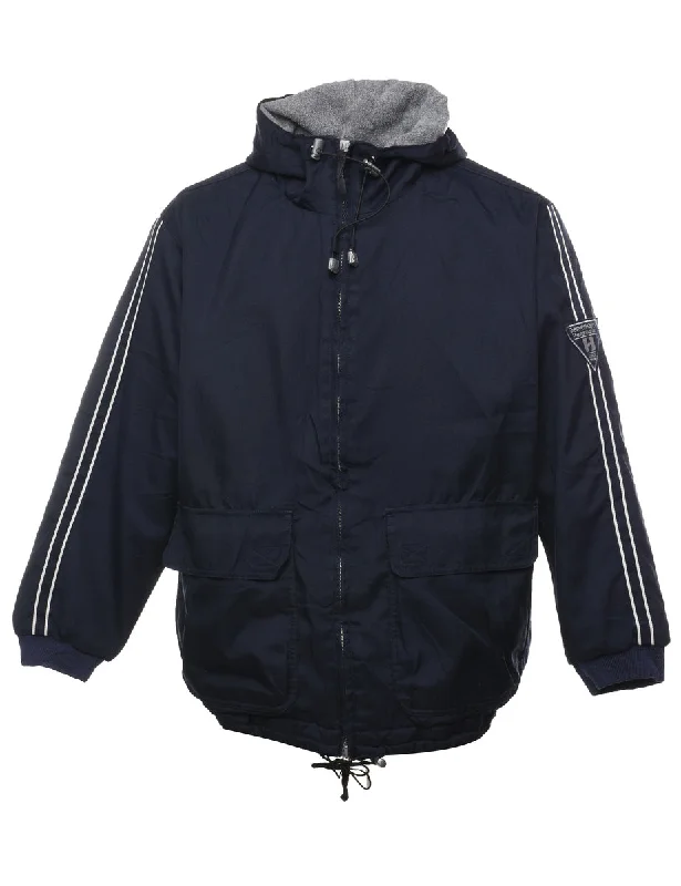 Navy Zip-Front Striped Hooded Jacket - L