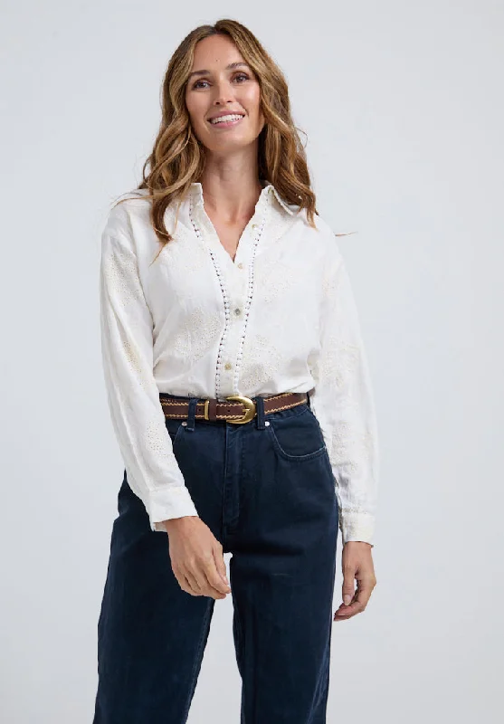 Hurry In Sara Lace Insert Embroidered Shirt In White