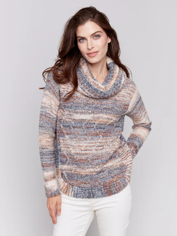 Online Deal Two-Tone Yarn Color Cowl-Neck Sweater - Denim