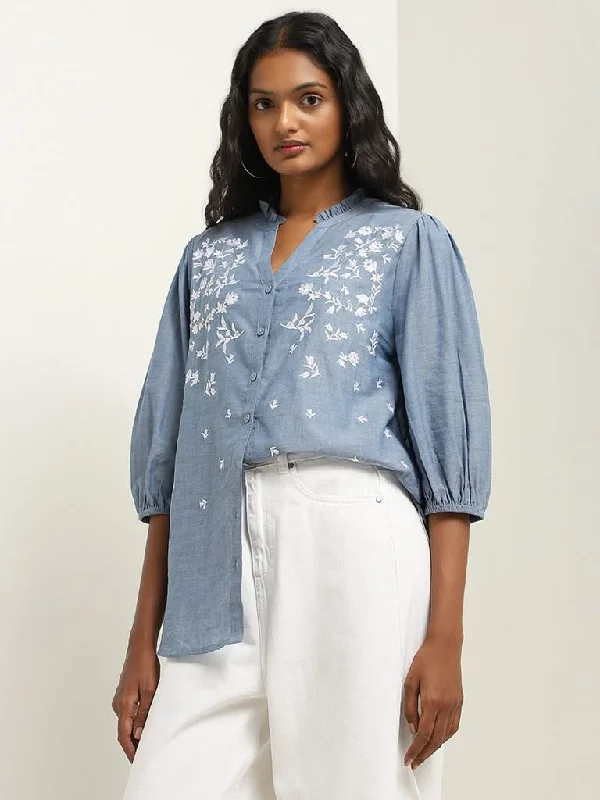 Unbeatable Prices LOV Blue Floral Embroidered Cotton Top