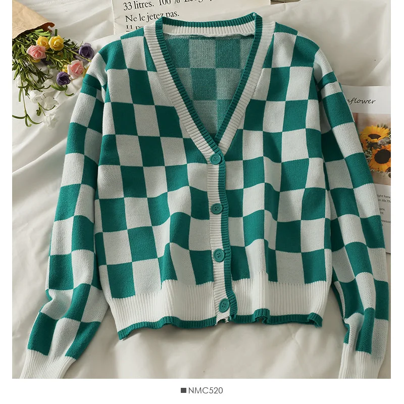 Act Fast Color blocking Plaid low collar single breasted long sleeved top women's thin cardigan long sleeved sweater 1986 Act Fast Color blocking Plaid low collar single breasted long sleeved top women's thin cardigan long sleeved sweater 1986