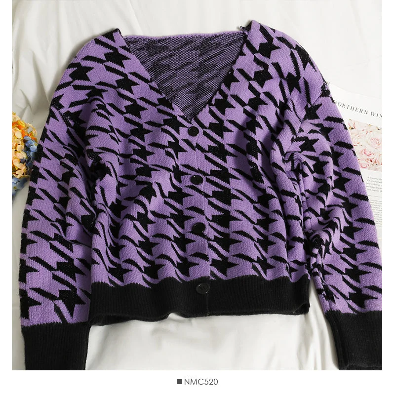 Major Savings Color matching taro purple thousand bird check V-neck cardigan sweater  2032