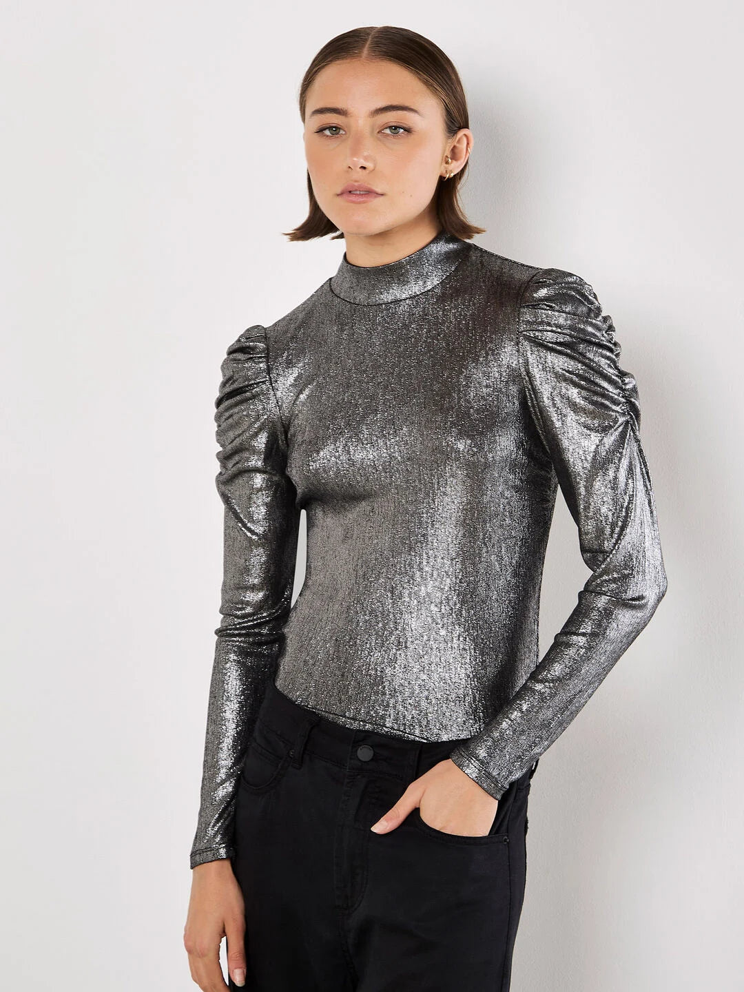 Loyalty Reward Metallic Exaggerated Shoulder Top
