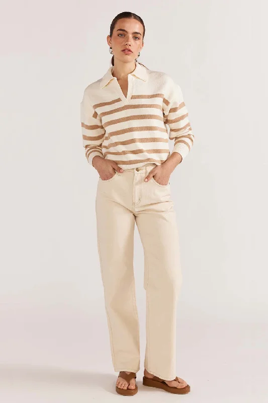 Online Only Kennedy White Natural Stripe Polo Knit Jumper
