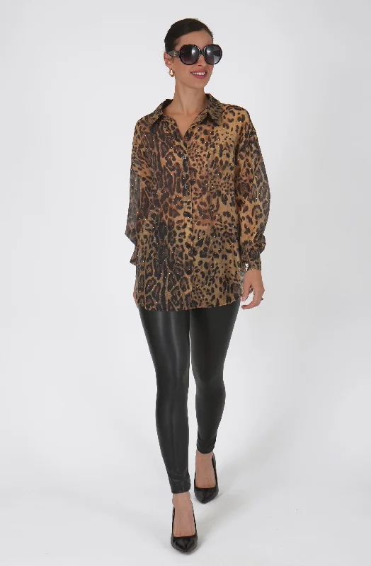 Limited Quantity Leopard Rhinestone Print Chiffon Oversized Tunic Blouse