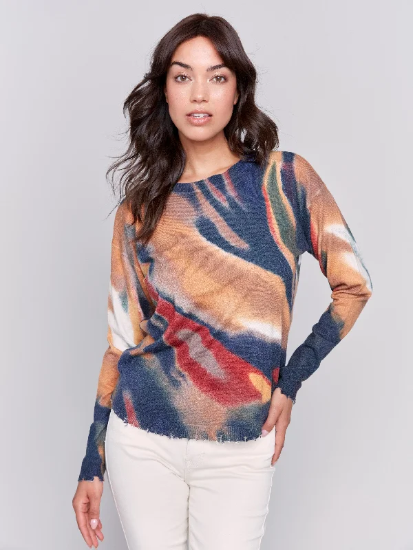Take Action Printed Frayed Edge Round Hem Sweater - Spruce