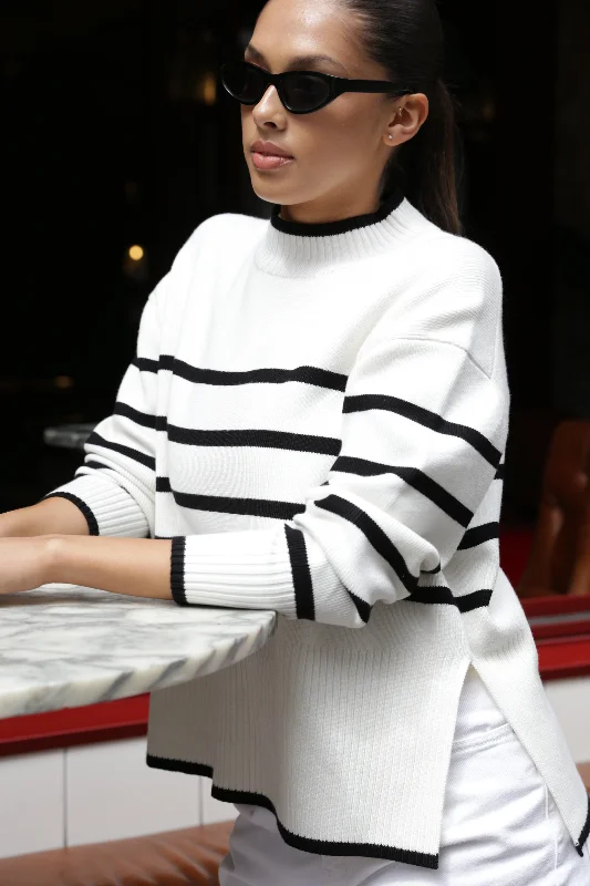 Weekend Specials You Can't Miss Ardent White Stripe Funnel Neck Jumper