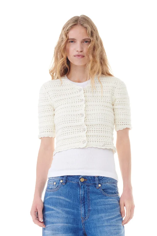 New Markdowns Ganni - Cotton Pointelle Short Sleeve Cardigan
