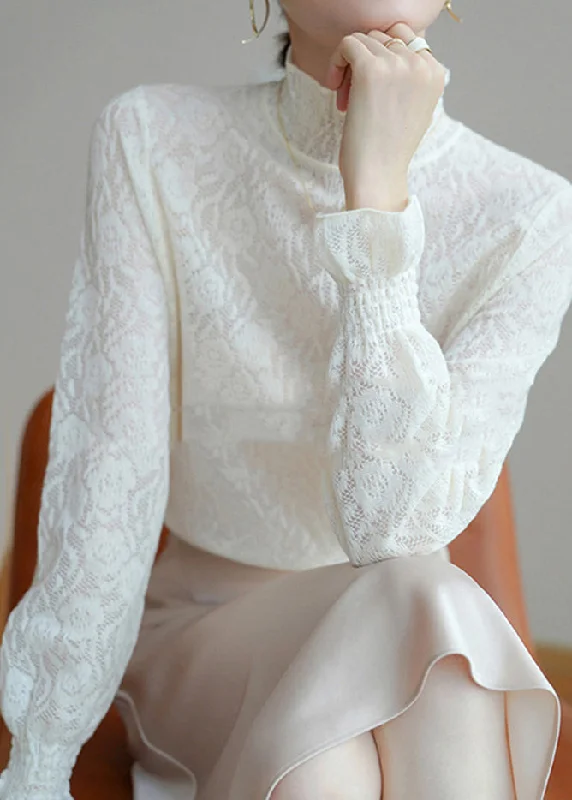 New Markdowns Italian White Hign Neck Ruffled Jacquard Cashmere Sweater Fall