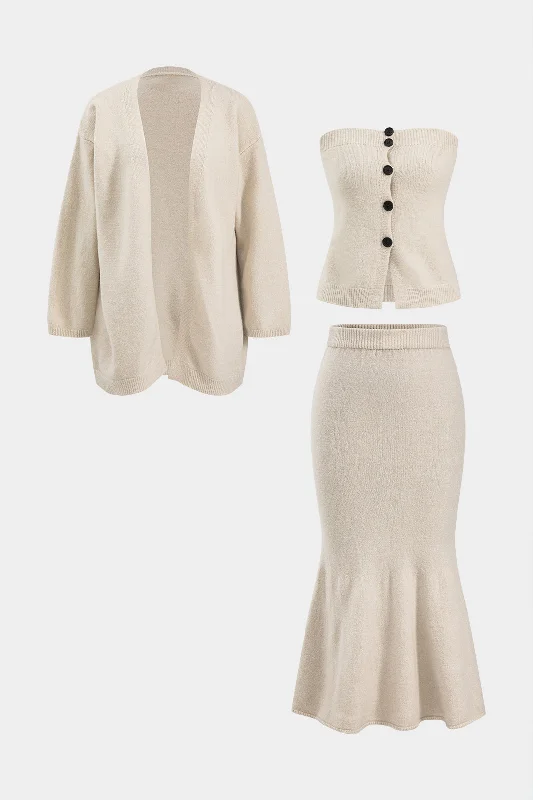 Hurry In Knit Button Tank Top And Cardigan And Skirt Set