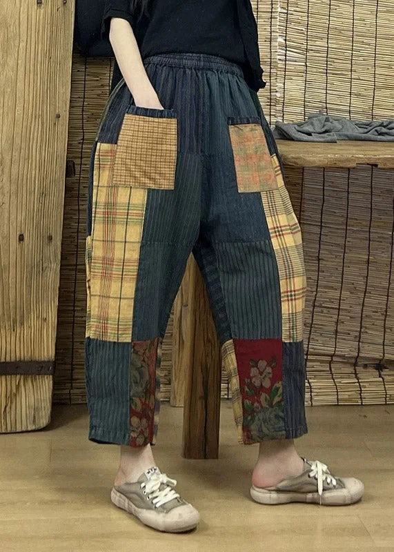 Value Deals Vintage Print Patchwork Plaid Old Beam Pants Summer
